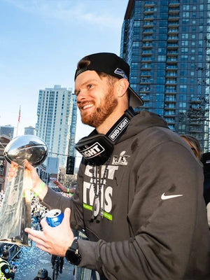 Recreated grey Champion pullover hoodie celebrating Seattle Seahawks Super Bowl LX win with Sam Darnold graphic accents