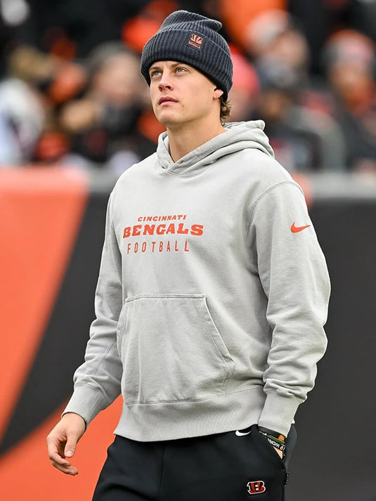 Nike grey fleece hoodie representing Joe Burrow’s Cincinnati Bengals look from the sideline collection.