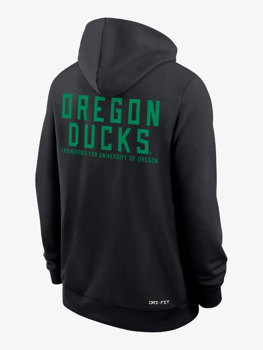 Oregon Ducks 2025 black sideline hoodie recreated with a lightweight full-zip build by Nike.