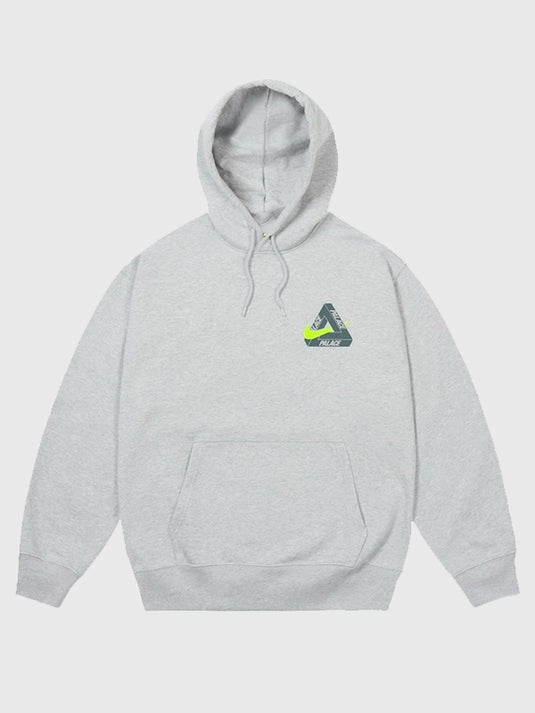 Light grey Palace x Nike Tri Swoosh hoodie made from soft fleece with a relaxed athletic streetwear design.