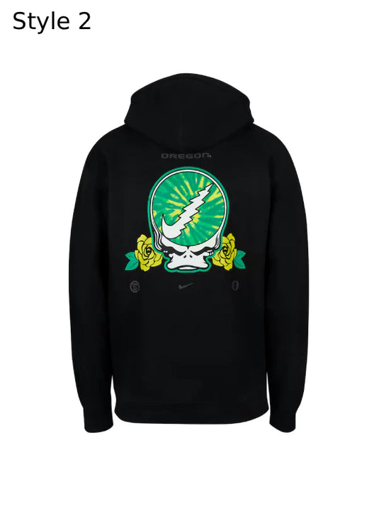 Black Oregon Ducks hoodie featuring Grateful Dead details and Nike Sideline styling.