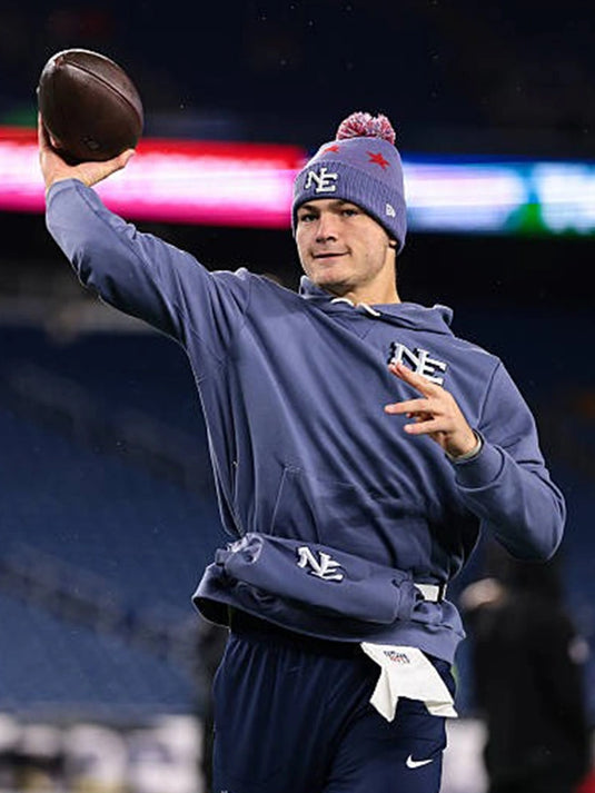 Drake Maye Patriots 2025 Rivalries storm blue Nike pullover hoodie with bold sideline detailing.