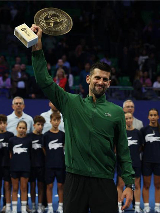 Hellenic Championship 2025 Lacoste x Novak Djokovic Track Jacket in green with sporty Lacoste branding.