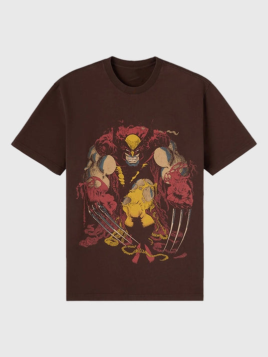 Recreated OVO x Marvel 2025 Wolverine masthead graphic brown T-shirt featuring bold comic-inspired artwork