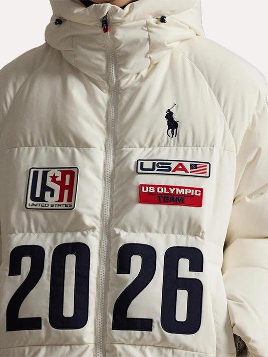 Milano Cortina 2026 themed off-white Flagbearer jacket by Polo Ralph Lauren featuring full-zip design and versatile layering