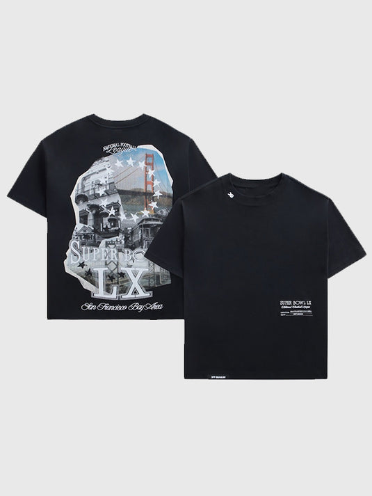Black RECREATED Off Season x Super Bowl LX 2026 t-shirt featuring bold graphic design for unisex wear