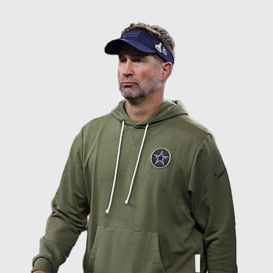 Dallas Cowboys 2025 Olive Green Fleece Hoodie with subtle team accents and Salute to Service detailing.