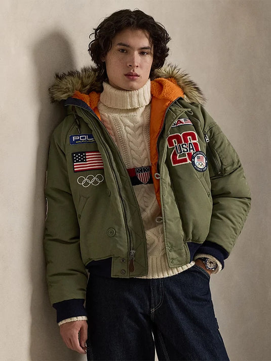 Polo Ralph Lauren Team USA bomber jacket in green featuring insulated padding and fur-lined hood
