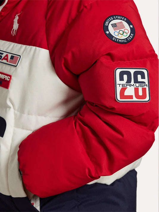 Milano Cortina 2026 themed red and white Closing Ceremony hooded puffer jacket by Polo Ralph Lauren with bold color-block design