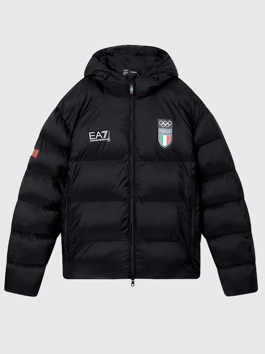 Black EA7 Emporio Armani hooded puffer jacket reflecting Team Italy winter sports styling and performance design