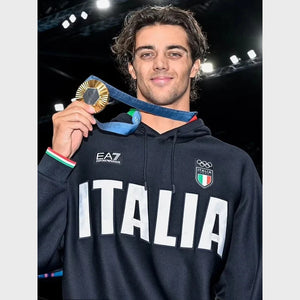 Black Italia fleece hoodie recreation featuring Paris Olympics–inspired styling and relaxed comfort