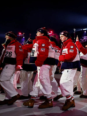 Polo Ralph Lauren Milano Cortina 2026 Team USA red and white insulated puffer jacket featuring full zip closure and versatile layering appeal