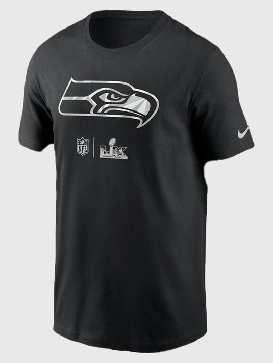 Recreated black Seattle Seahawks Super Bowl LX Opening Night t-shirt with easygoing crewneck silhouette and vibrant fan-forward graphics.