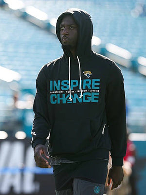 Jacksonville Jaguars 2025 Inspire Change black Nike sideline hoodie featuring Opportunity Equity Freedom Justice lettering