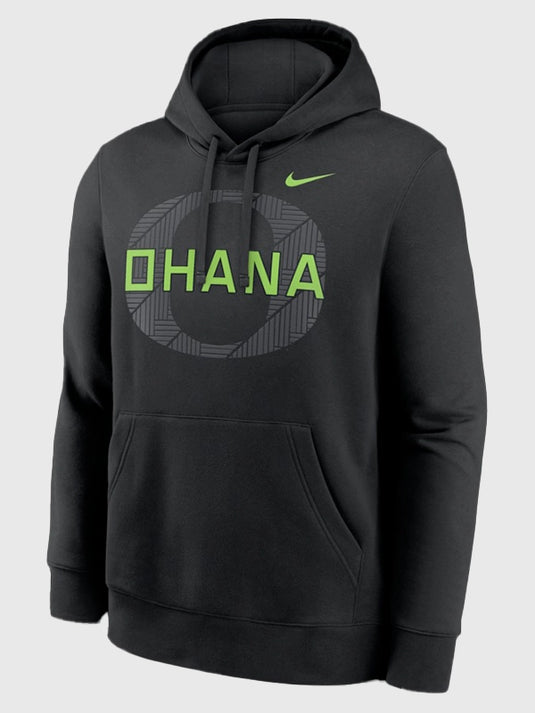 2025 Nike Oregon Ducks Ohana black fleece hoodie featuring a relaxed unisex fit and adjustable drawstring hood.