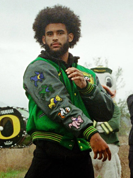 Recreated green lettermen varsity jacket inspired by the Nike Oregon Grateful Ducks look.