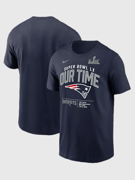 Navy graphic t-shirt recreated from the New England Patriots Nike Super Bowl LX Our Time Clear Sign concept