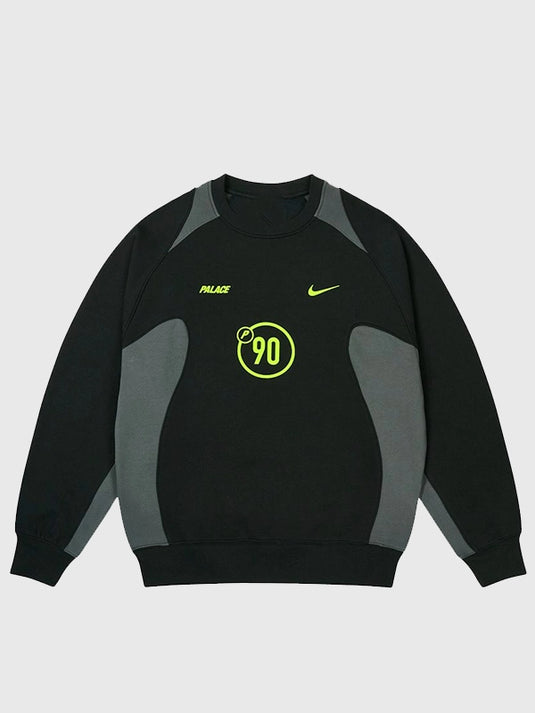 Palace x Nike 2025 Total P90 Crew Sweatshirt in black fleece highlighting bold dual branding and sleek comfort.