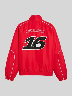 Recreated Ferrari F1 Charles Leclerc red track jacket with durable stitching and modern motorsport-inspired design