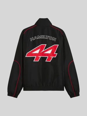 PUMA x Ferrari F1 Lewis Hamilton black track jacket crafted with cozy fleece construction and sporty silhouette