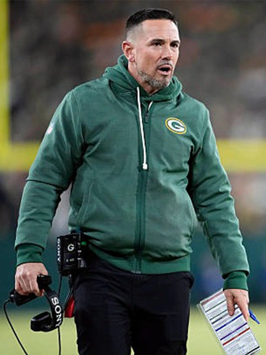 Green recreated bomber jacket inspired by Matt LaFleur Green Bay Packers sideline look with minimalist design