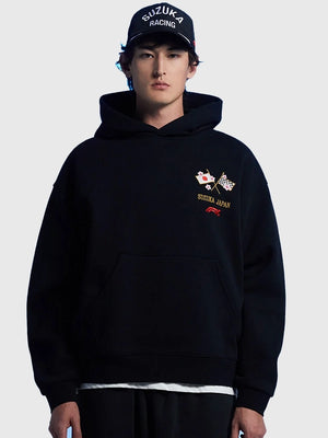 RECREATED Formula 1 x Pacsun Suzuka Sakura pullover fleece hoodie in black featuring soft interior lining and minimalist motorsport-inspired streetwear fit