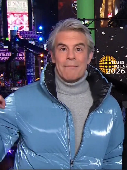 Recreated Andy Cohen NYE 2026 blue puffer jacket by Mackage featuring a warm insulated build and detachable hood