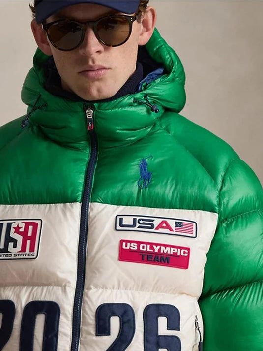 RECREATED Polo Ralph Lauren Team USA puffer jacket in green and white featuring quilted Hawthorne styling