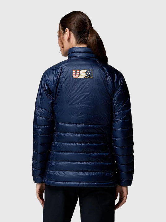 Columbia Team USA down puffer jacket in navy designed for Milano Cortina 2026 with padded insulation