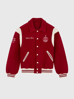 Paris Saint-Germain Walk in Paris 2026 red wool varsity jacket designed with classic trims and bold club-inspired styling