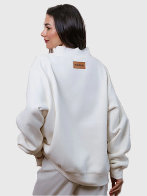 RECREATED Parke Bridal Classic 2026 Off-White Oversized Mockneck Sweatshirt crafted from plush fleece fabric with a cozy casual feel
