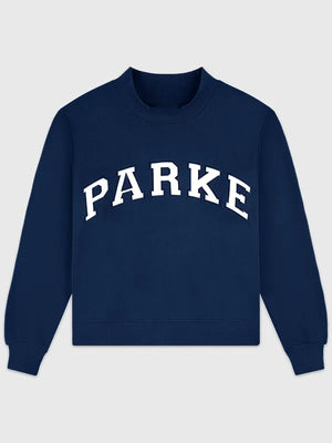 2026 Parke Vintage Denim Varsity Mockneck Fleece Sweatshirt featuring soft fleece lining and denim-inspired contrast detailing