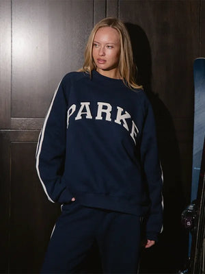 RECREATED Parke 2026 Sport Stripe Navy Blue Mockneck Sweatshirt crafted from cozy sweatshirt fabric with clean athletic styling