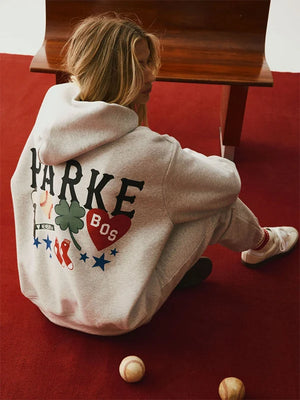 Grey Parke Boston fleece hoodie with graphic print and a relaxed, cozy streetwear fit.