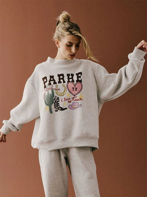 Parke Texas Graphic Fleece Sweatshirt in Grey designed with a structured mockneck and minimalist detailing.