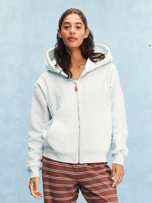 Light blue Parke 2026 varsity zip hoodie in soft fleece featuring a smooth monochrome finish