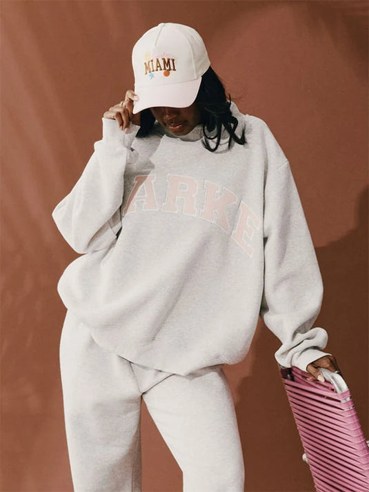 Recreated Parke Miami Varsity Mockneck Fleece Sweatshirt in grey with classic college-inspired design.