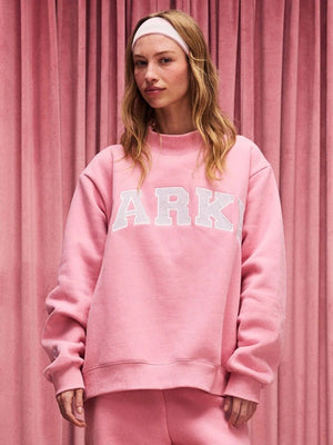 Dark pink RECREATED Parke Valentine’s 2026 varsity mockneck sweatshirt crafted from cozy fleece fabric