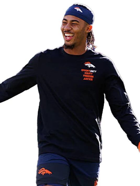 Black long sleeve T-shirt inspired by Denver Broncos 2025 sideline apparel with Opportunity Equity Freedom Justice design