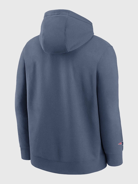 New England Patriots 2025 storm blue Club Hoodie featuring durable Nike fleece construction.