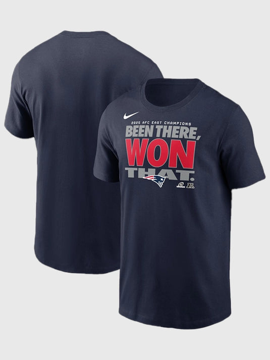 Navy Nike t-shirt featuring New England Patriots 2025 AFC East Division Champions Locker Room Trophy Collection design