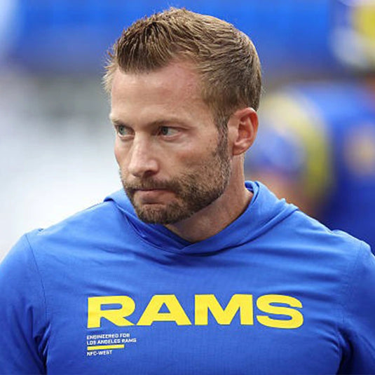 Blue LA Rams hoodie t-shirt from the 2025 season designed in Sean McVay’s sideline fashion.