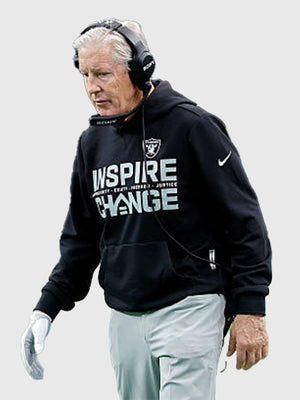 Black pullover sideline hoodie inspired by Pete Carroll showcasing Las Vegas Raiders Inspire Change design