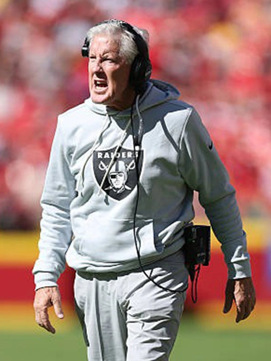 Coach Pete Carroll Las Vegas Raiders 2025 Grey Sideline Pullover Hoodie featuring a sleek team design and soft fleece feel.