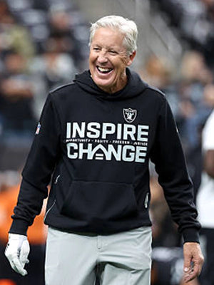 Pete Carroll inspired black sideline hoodie featuring Las Vegas Raiders Inspire Change 2025 design by Nike