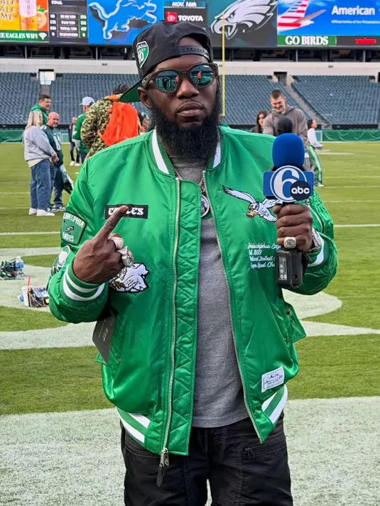 Recreated Philadelphia Eagles bomber jacket in green paying tribute to Philly Freeway’s style.