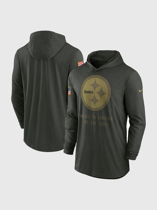 Nike Pittsburgh Steelers 2025 Salute to Service forest green hooded pullover T-shirt crafted from lightweight Dri-FIT fabric for performance.