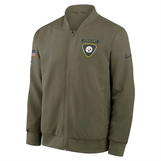 2025 Nike Salute to Service bomber jacket in olive green tailored for Pittsburgh Steelers fans with durable material and modern fit.