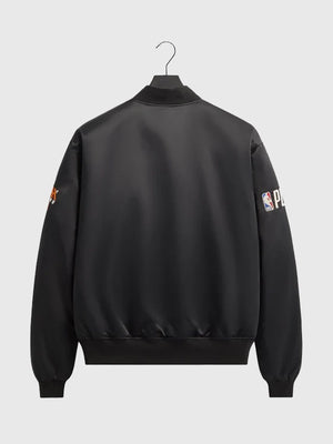 Black satin bomber jacket from RECREATED Knicks 2026 Playoffs collection by Giorgio Armani & Kith, designed with premium sheen and structured varsity-inspired fit