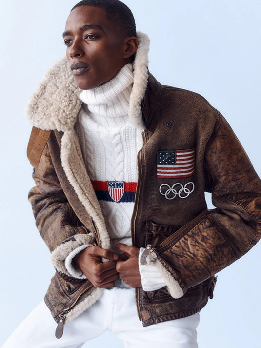 Recreated Polo Ralph Lauren–style Team USA flight jacket in brown leather with classic pilot design
